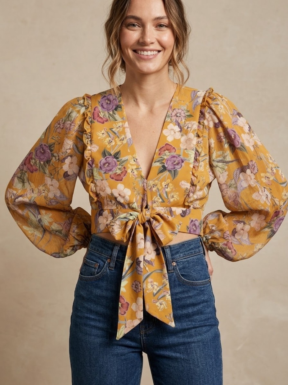 Tie-Front Floral Puff Sleeve Crop Top - Mustard